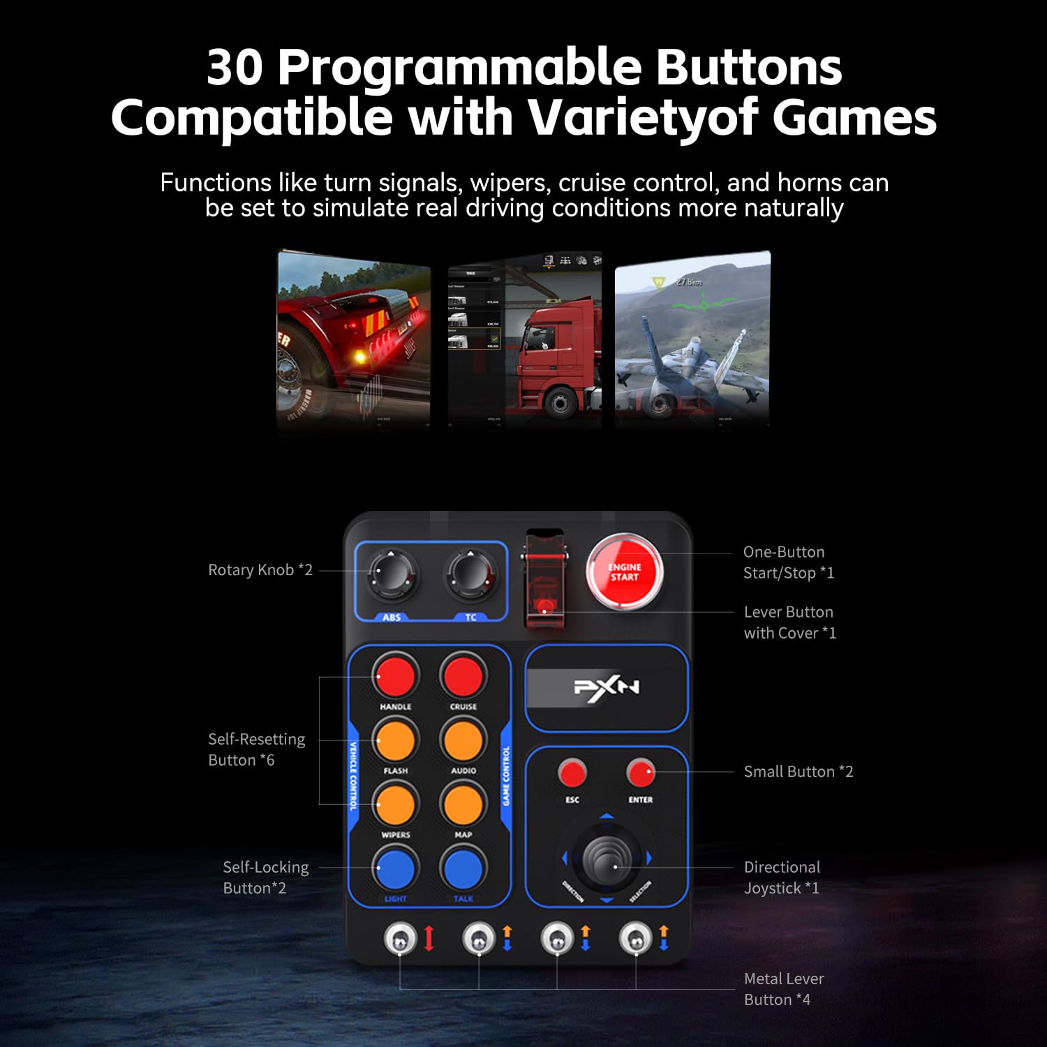PXN CB1 Gaming Button Box – Sim Drive Control with 19 Buttons (9 Types), 30 Programmable Options, RGB Backlight, USB – Compatible with Windows PC – For Racing, Truck, Farming & Flight Simulators